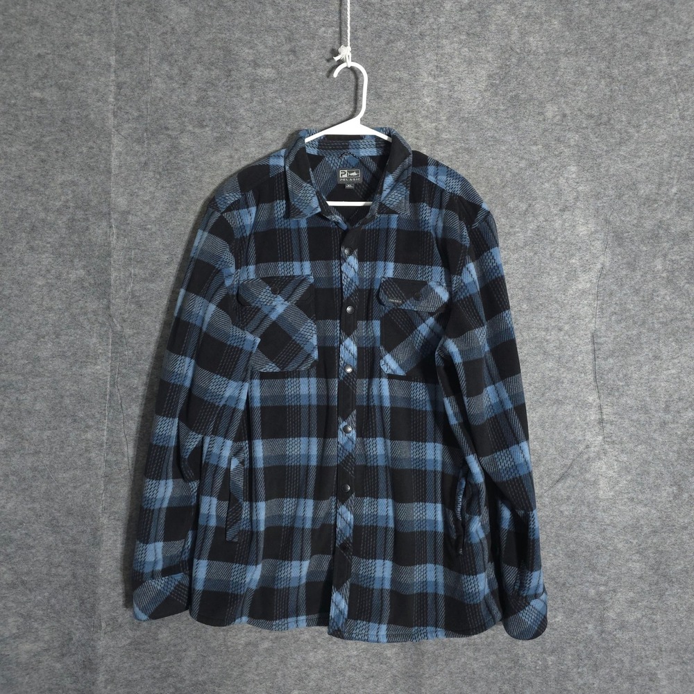Pelagic Keeper Polar Fleece Jacket Mens XL Blue Black Plaid Snap Front Fishing
